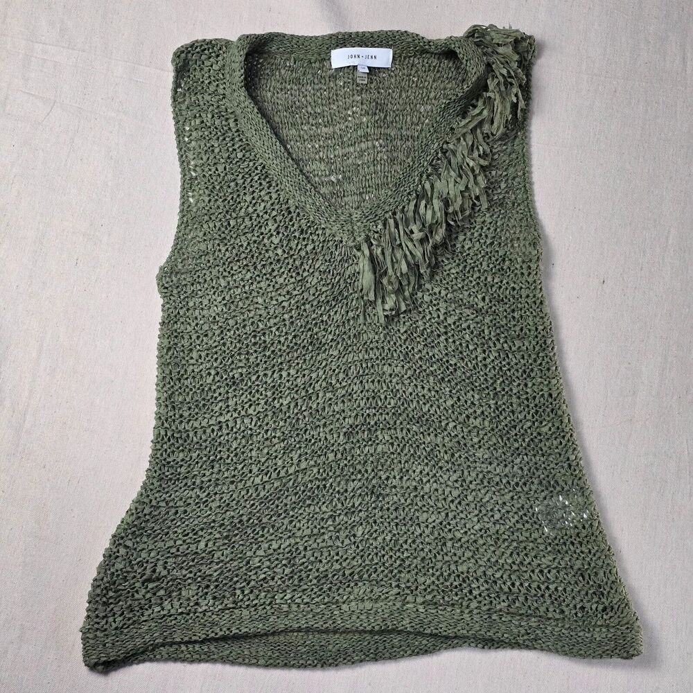 John & Jenn Crochet Fringe Top Olive Spice Women's‎ Size Small Petite